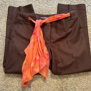 Ann Taylor brown cotton sateen crop pants with coral/pink sash belt. Size 8